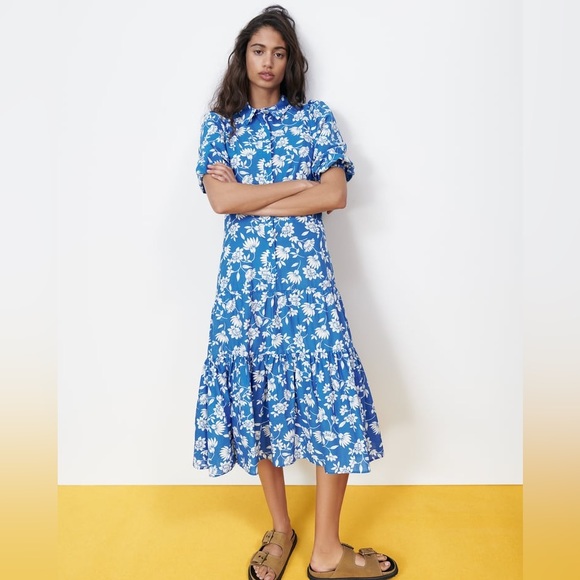 NWT - ZARA Blue & White Ruffle Floral Print Dress - Picture 1 of 5